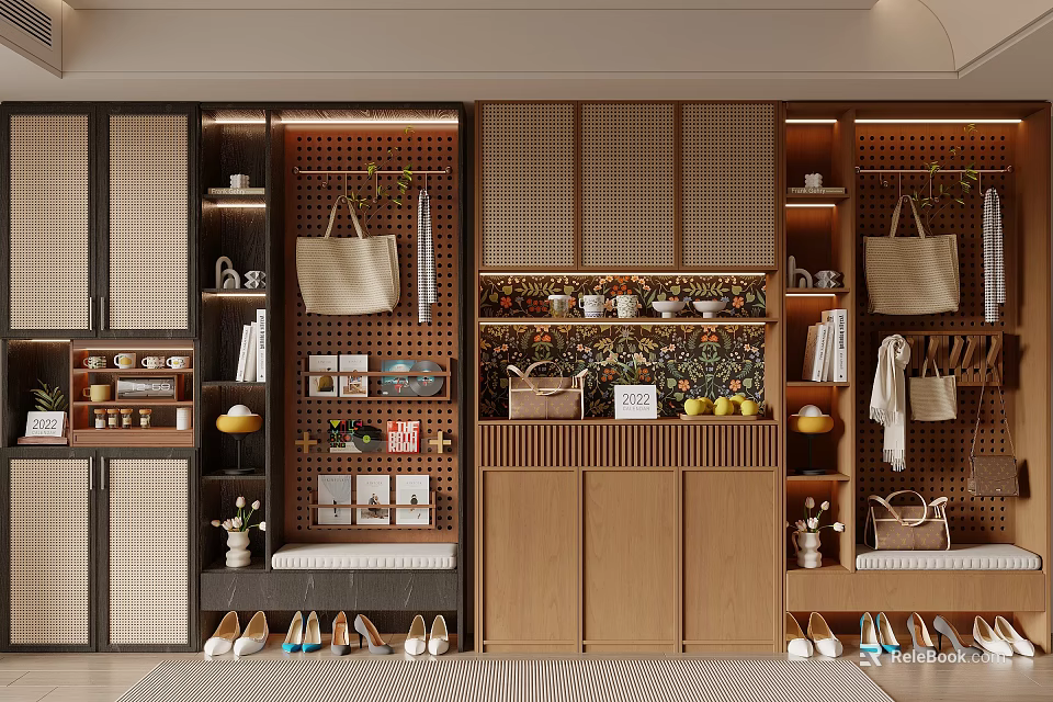 Modern Wooden Shoe Cabinet With Open Shelving Hanging Hooks Decorative Storage And Bench Seating 3d model 