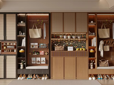 Modern Wooden Shoe Cabinet With Open Shelving Hanging Hooks Decorative Storage And Bench Seating 3d model