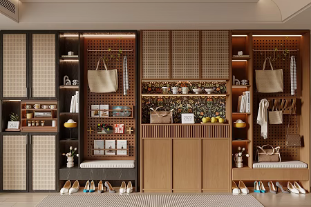 Antique Shoe Cabinet Entrance Cabinet Hole Board Clothes Hook Entry Shoe Cabinet Clothes Shoe Bag 3d model