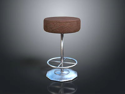 Bar Stool Featuring Round Brown Upholstered Seat Metal Frame Hexagonal Reflective Base in Dark Background 3d model