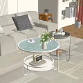 Modern Living Room Coffee Tables Design with White Round Shelf Vase Books and Tray