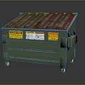 Industrial Metal Trash Bin With Corrugated Lid And Warning Labels On Wheels