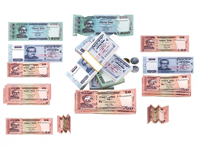 Indian  Rupee  Banknotes and Coins with Various Denominations Arranged Together。 3d model