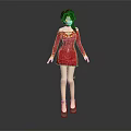 Game Movie Character In Red Dress With Long Black Hair Yellow Cuffs And Red Shoes