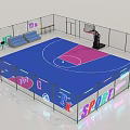 Colorful Text Transparent Fenced Basketball Court With Blue Pink Floor Hoop And Benches