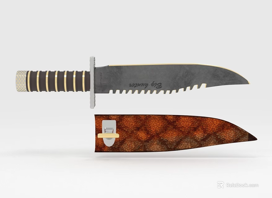 Classic Style Kitchen Knife With Decorative Handle And Textured Sheath 3d model 