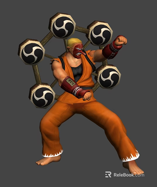 Game Anime Character With Blonde Hair Red Mask Orange Outfit And Circular Weapons On Back 3d model 