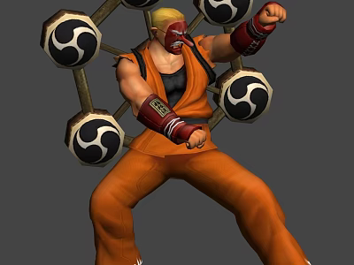Game Anime Character With Blonde Hair Red Mask Orange Outfit And Circular Weapons On Back 3d model