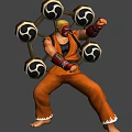 Game Anime Character With Blonde Hair Red Mask Orange Outfit And Circular Weapons On Back