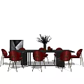 Modern Dining Table Set with Black Table Red Chairs and Vase with Plants 3d model