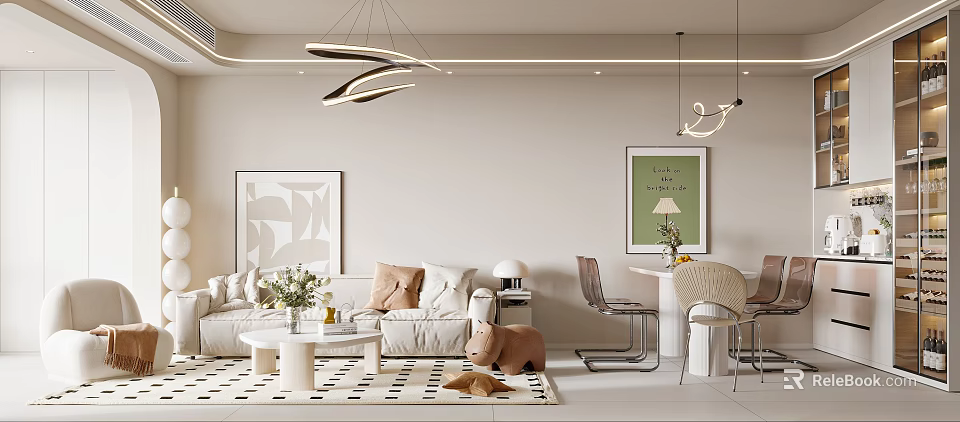 Elegant Modern Living and Dining Room Interior With Sofa Coffee Table Pendant Lights and Artworks 3d model 