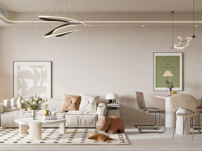 Elegant Modern Living and Dining Room Interior With Sofa Coffee Table Pendant Lights and Artworks 3d model