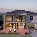 Two Story Detached Villa with Gray Roof Large Glass Windows Terrace and White Lounge Chairs