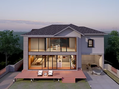 Two Story Detached Villa with Gray Roof Large Glass Windows Terrace and White Lounge Chairs 3d model