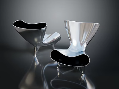 Modern Leisure Chairs With Silver Metal Design Black Cushions Reflective Surface 3d model