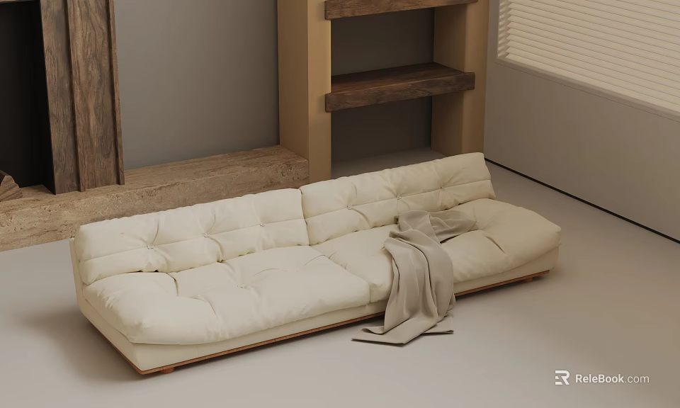 Minimalist Modern Off White Three Seater Sofa With Light Blanket And Wooden Shelves 3d model 