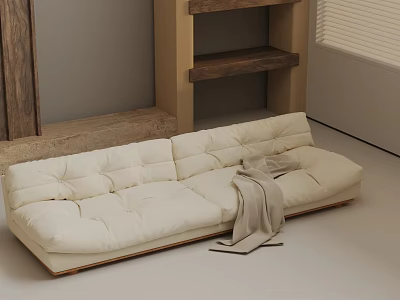 Minimalist Modern Off White Three Seater Sofa With Light Blanket And Wooden Shelves 3d model