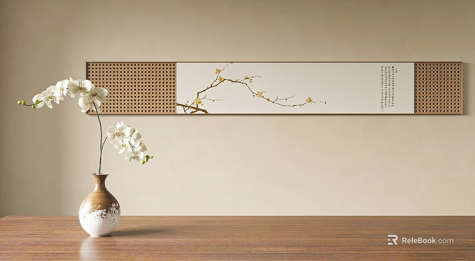 Botanical Plum Blossom Branch Painting On Beige Wall With Ceramic Vase And Lattice Panel 3d model 