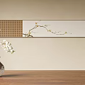 Botanical Plum Blossom Branch Painting On Beige Wall With Ceramic Vase And Lattice Panel