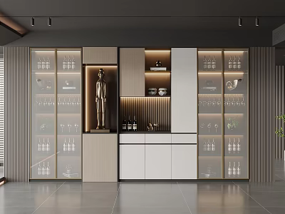Modern Wine Cabinet Interior Design With Glass Doors Display Shelves Wine Glasses And Lighting 3d model