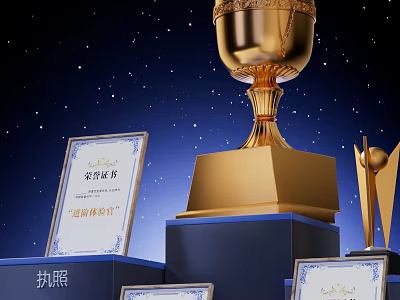 Gold Trophy Surrounded By Certificates And Licenses In Starry Sky 3d model
