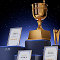 Gold Trophy Surrounded By Certificates And Licenses In Starry Sky 3d model