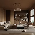 Cozy Living Room Interior With Beige Sofa Bookshelf Chandelier And Large Windows