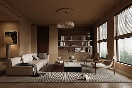 Modern and Antique Style Home Living Room Sofa Coffee Table Combination Leisure Sofa Chair Decoration Bookcase Decoration Chandelier 3d model