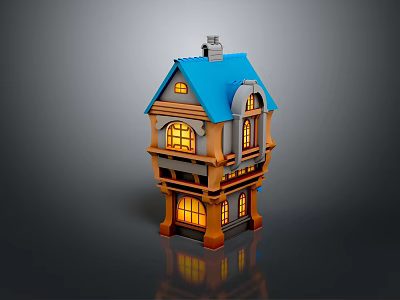 Cartoon Style Two Story House Building With Blue Roof Lit Arched Windows And Chimney 3d model