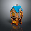 Cartoon Style Two Story House Building With Blue Roof Lit Arched Windows And Chimney