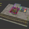 Modern Urban Scene Model Featuring Small Building Red Roof Concrete Road And Street Lights