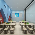 School Classroom Interior With Light Blue Walls Desks Chairs Projection Screen And Wall Decorations