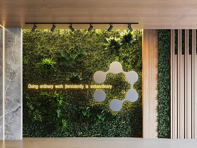 Green Plant Interior Living Wall with Cloud Shaped Decorations Golden Text and Spotlights 3d model