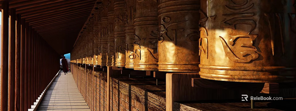Elevator Corridor With Traditional Golden Prayer Wheels Aligned Under Sunlight 3d model 