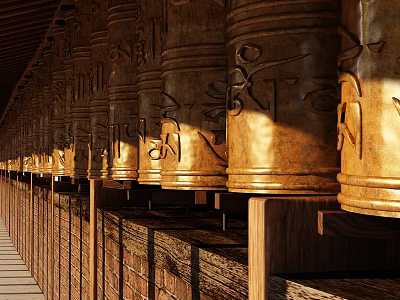 Elevator Corridor With Traditional Golden Prayer Wheels Aligned Under Sunlight 3d model