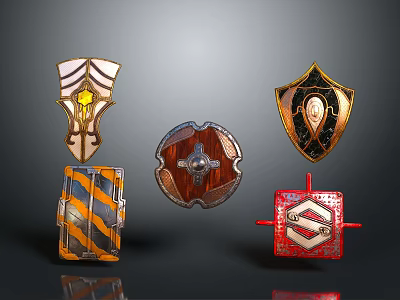 Variety of Decorative Shields With Different Colors Patterns and Design Details 3d model