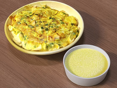 Delicious Omelette With Green Onions In Yellow Plate And White Bowl Porridge On Wooden Table 3d model