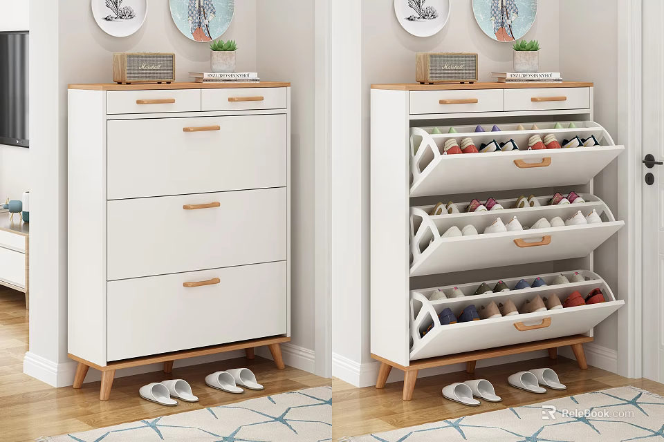 Modern Shoe Cabinet with Drawers Shelves Wooden Top and Slippers Storage for Home 3d model 