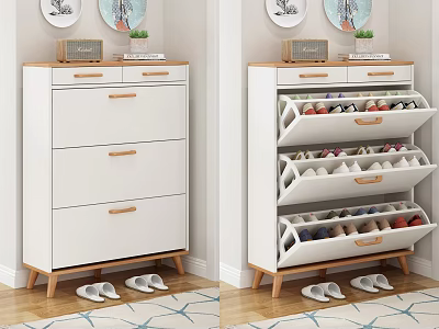 Modern Shoe Cabinet with Drawers Shelves Wooden Top and Slippers Storage for Home 3d model