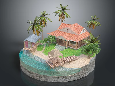 Cartoon Tropical Island Scene With Beach House Palm Trees Small Cabin And Wooden Pier 3d model