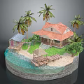 Cartoon Tropical Island Scene With Beach House Palm Trees Small Cabin And Wooden Pier