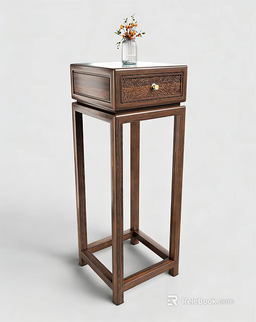 Dark Brown Wooden Flower Stand With Carved Drawer And Gold Handle 3d model 