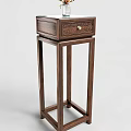 Dark Brown Wooden Flower Stand With Carved Drawer And Gold Handle