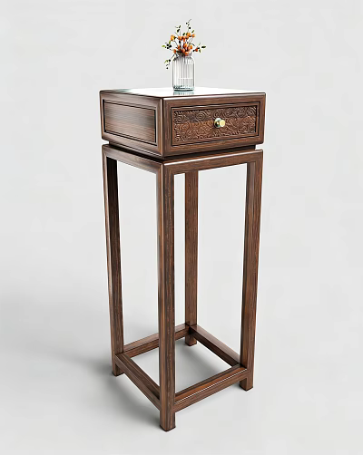 Dark Brown Wooden Flower Stand With Carved Drawer And Gold Handle 3d model