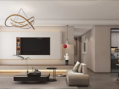 Modern Living and Dining Area Interior With Sofa Coffee Table TV Wall and Chandelier 3d model