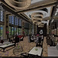 Luxurious Hotel Lobby With Elegant Chandeliers Chinese Lattice Windows Comfortable Seating Areas And Natural Light