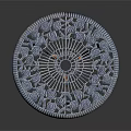 Round Blue Side Table With Intricate Carved Lace Design And Metal Legs