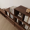 Modern Walnut Decorative Cabinet With Open Shelves Drawers And Books Vase
