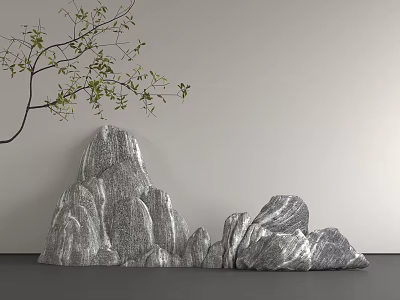 Decorative Rockery Stones with Green Twig on Gray Wall Background 3d model