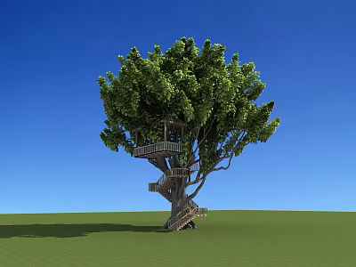 Large Tree With Wooden Tree House Structure And Staircase Under Blue Sky 3d model